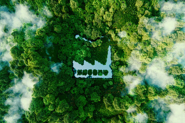 The concept of environmentally friendly production. A pond shaped like a factory in the middle of a lush forest. 3d rendering. - obrazy, fototapety, plakaty
