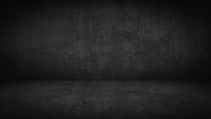 Dark black grey gray anthracite cement concrete cement tiles stone wall and floor / empty 3D studio room , interior texture for display products, wall background..