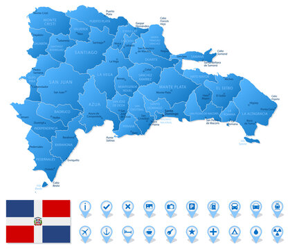 Blue map of Dominican Republic administrative divisions with travel infographic icons.
