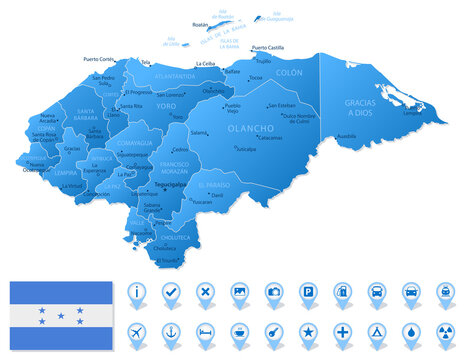 Blue map of Honduras administrative divisions with travel infographic icons.