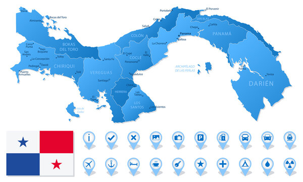 Blue map of Panama administrative divisions with travel infographic icons.