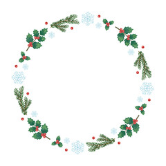 手描き風　クリスマス　雪の結晶とヒイラギのラインフレーム