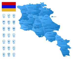 Obraz premium Blue map of Armenia administrative divisions with travel infographic icons.