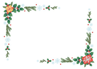 手描き風　クリスマス　雪の結晶とヒイラギのラインフレーム