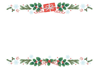 手描き風　クリスマス　雪の結晶とヒイラギのラインフレーム