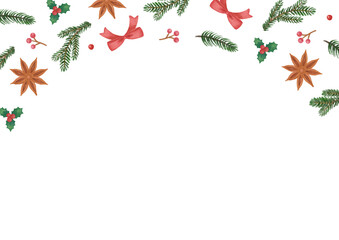 手描き風　クリスマス　モミの葉と木の実のドライフラワーのパターンフレーム