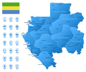 Blue map of Gabon administrative divisions with travel infographic icons.