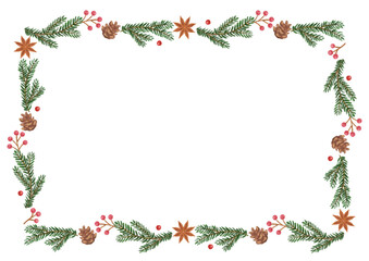 手描き風　クリスマス　モミの木（クリスマスツリー）と木の実のドライフラワーラインフレーム
