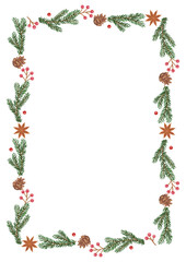 手描き風　クリスマス　モミの木（クリスマスツリー）と木の実のドライフラワーラインフレーム