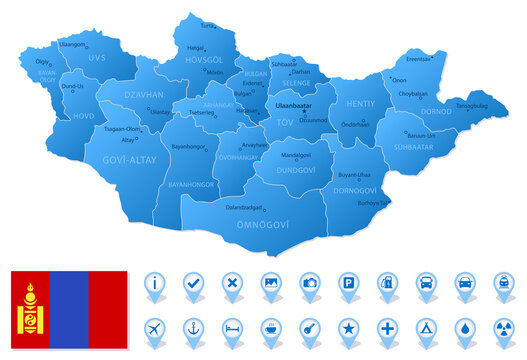 Blue map of Mongolia administrative divisions with travel infographic icons.