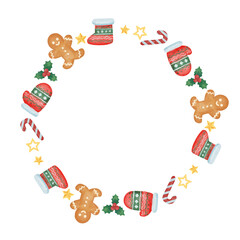 手描き風　クリスマス　手袋と靴下とジンジャーマンのパターンフレーム