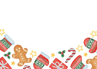 手描き風　クリスマス　手袋と靴下とジンジャーマンのパターンフレーム