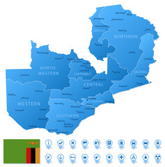 Blue map of Zambia administrative divisions with travel infographic icons.