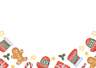 手描き風　クリスマス　手袋と靴下とジンジャーマンのパターンフレーム