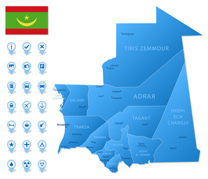 Blue map of Mauritania administrative divisions with travel infographic icons.
