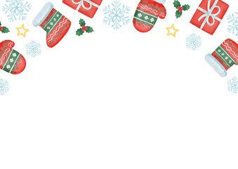 手描き風　クリスマス　手袋と靴下と雪の結晶のパターンフレーム