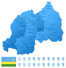 Blue map of Rwanda administrative divisions with travel infographic icons.