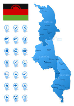 Blue map of Malawi administrative divisions with travel infographic icons.