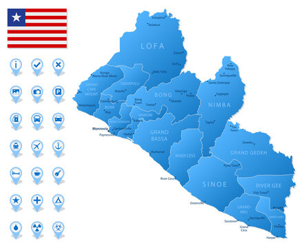 Blue map of Liberia administrative divisions with travel infographic icons.