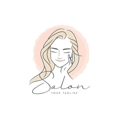 Salon logo template with beautiful women with line art style