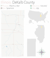 Large and detailed map of DeKalb county in Illinois, USA.