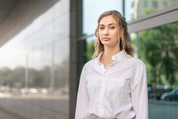 Businesswoman Successful Woman Business Person Standing Outdoor Corporate Building Exterior. Caucasian Confidence Professional Business Woman Middle Age