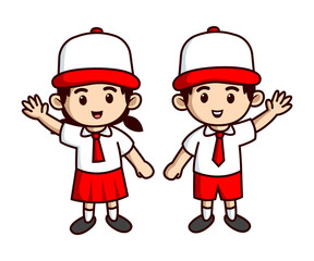 Cute school girl and boy cartoon character. Indonesian student couple say hello vector illustration isolated on white background.