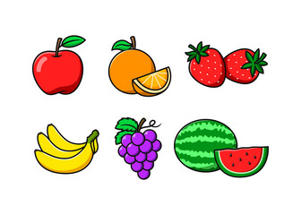 A set of six different fruits. A group of fruits consist of red apple, orange, strawberry, bananas, grapes and watermelon. Fruits in cartoon vector.