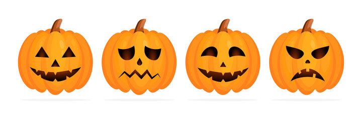 Set Halloween pumpkin with different face emotions. Cute pumpkins collection for autumn holiday. Vector isolated on white	