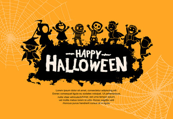 Halloween vector design with monsters silhouette on orange background for poster, invitation, banner and celebration event