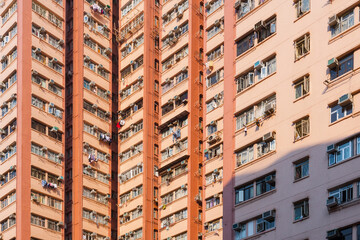 Close-up to a densely populated apartment buidling in Hong Kong, China