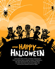 Halloween vector design with monster silhouette on orange background for poster, invitation, banner and celebration event