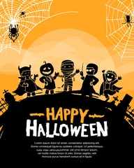 Tuinposter Halloween vector design with monster silhouette on orange background for poster, invitation, banner and celebration event © VECTORKURO