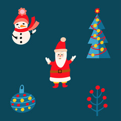Christmas and new year colorful clipart with snowman, Santa Claus, christmas tree, ornaments. Bright vector decor for web and print. 