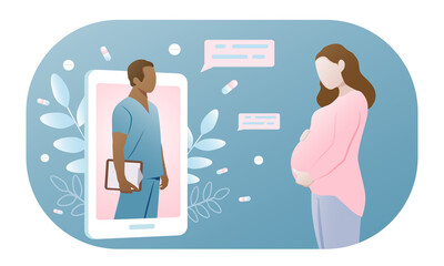 A doctor and a pregnant woman, a consultation on a mobile phone.