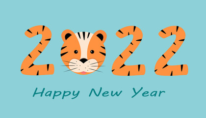 Cute symbol of the new year 2022 is a tiger face. Funny cartoon tiger vector illustration. Greeting card concept Happy New Year and Christmas.