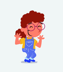 cartoon character of little girl on jeans shrinks somewhat shy.