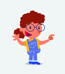 cartoon character of little girl on jeans smiling while pointing.