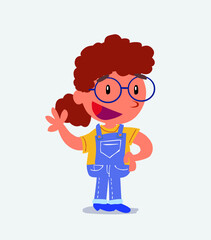 cartoon character of little girl on jeans waving happily.