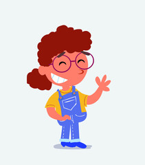 cartoon character of little girl on jeans waving informally while laughing.