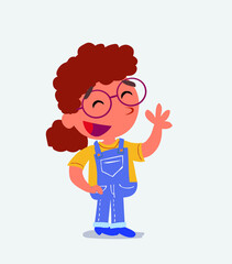 cartoon character of little girl on jeans waving informally while smiling.
