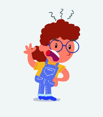 Indigned cartoon character of little girl on jeans vehemently shakes his hand.