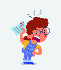 little girl on jeans waving a exam angrily.