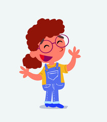 Pleased cartoon character of little girl on jeans explaining something.