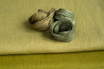 Fototapeta na wymiar Needlework, set for embroidery. Linen fabric and thread