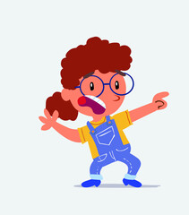 Scared cartoon character of little girl on jeans points to the side.