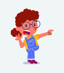 Surprised cartoon character of little girl on jeans pointing at something.