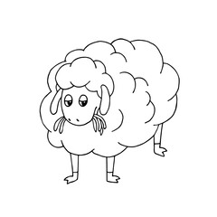 An indifferent sheep chews the grass. Animal. Pet. Farm. Village. Herd. Mammal. Wool. Vector. Doodle. Hand-drawn illustration. Silhouette. Black and white outline. Coloring.