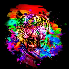 Foto auf Glas Colorful artistic tiger muzzle with bright paint splatters © reznik_val