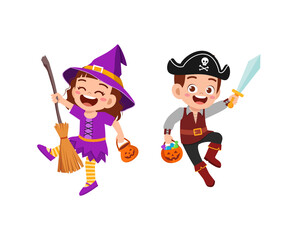 cute little boy and girl celebrate halloween with friend